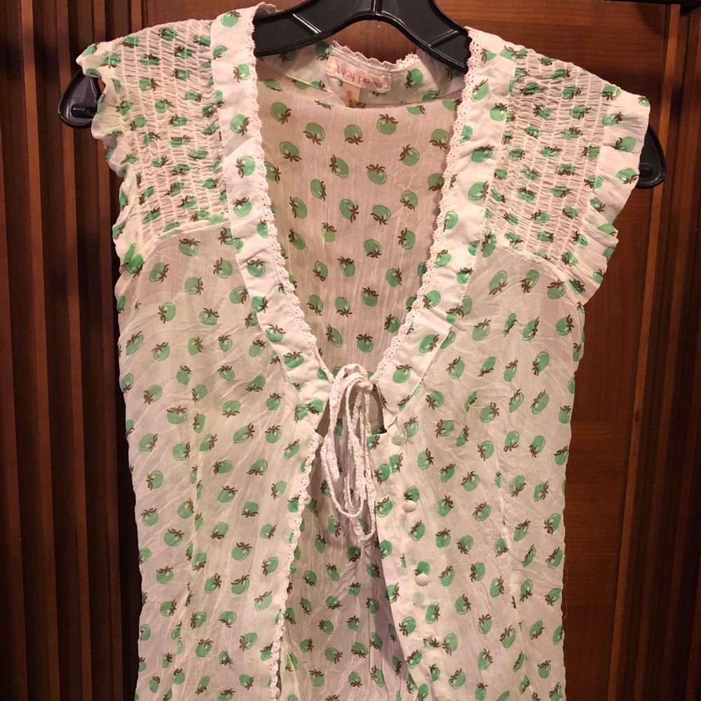 Cute Sheer Novelty Print Blouse -Green Tomatoes